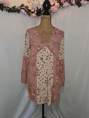 love, Fire Pink & Cream Floral Lace-Up Mini Dress